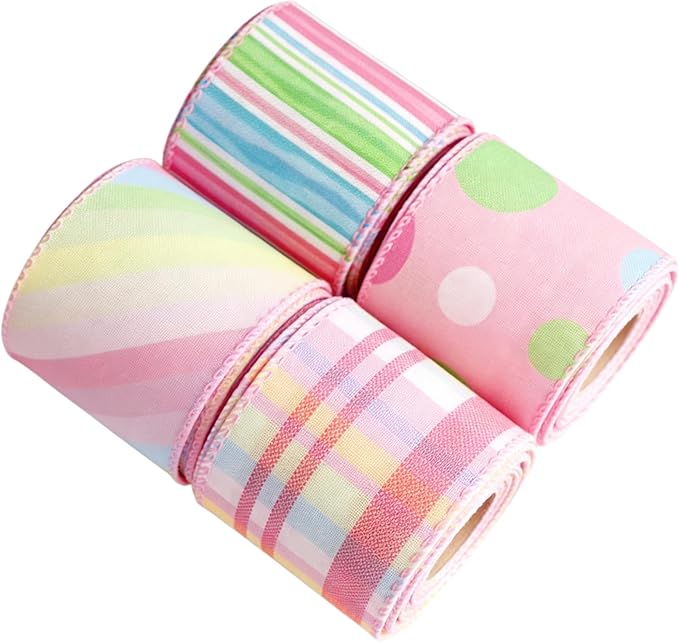 Meseey 4 Rolls Pastel Wired Ribbon, 2.5 Inch x 5 Yards Polka Dot/Plaid/Striped Ribbons for Easter Wreaths, Gift Wrapping,Baskets, Crafts, Spring Party Decorations