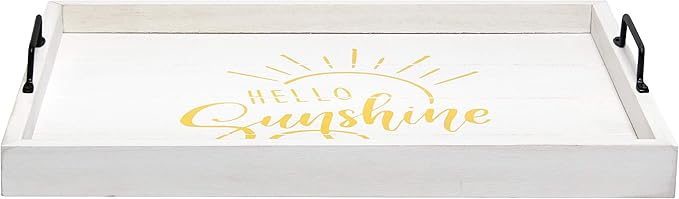 Elegant Designs HG2000-WHS Yellow Sun Decorative Wood Serving Tray w/Handles,15.50" x 12", White Wash Hello Sunshine