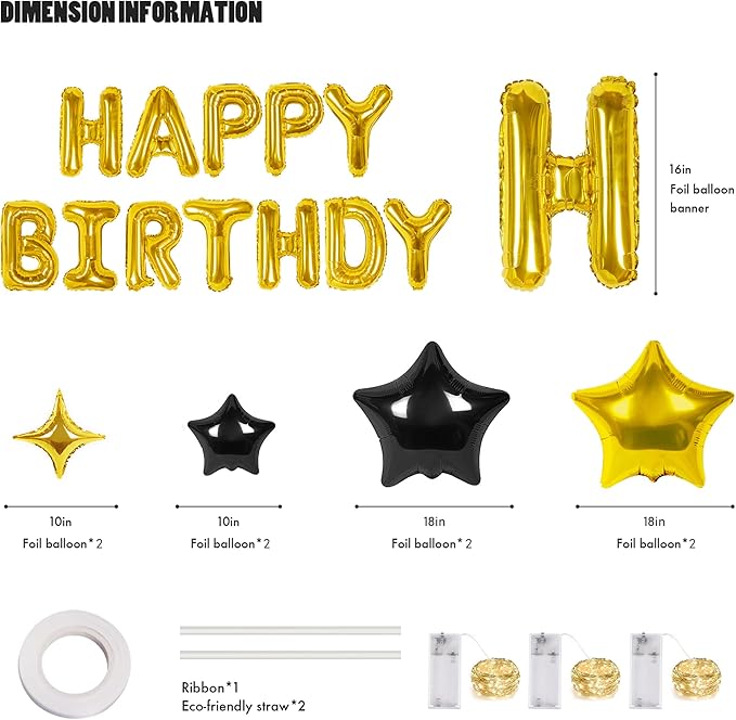 CANREVEL Happy Birthday Banner 13pcs 16 Inch Mylar Foil Letters Sign with 8pcs Star Balloons & LED Lights Birthday Party Decorations for Kids and Adults - 3D Gold