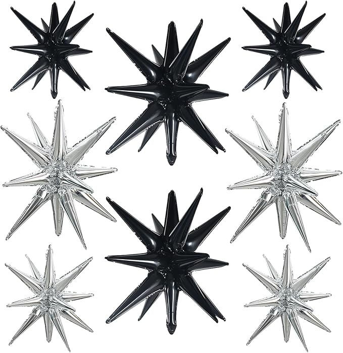 TONIFUL 8 Pcs Black Silver Star Balloons Large Explosion Star Mylar Decorations for Party Backdrop Christmas New Year Birthday Wedding Baby Shower Anniversary Photo Booth Supplies