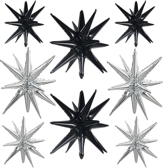 TONIFUL 8 Pcs Black Silver Star Balloons Large Explosion Star Mylar Decorations for Party Backdrop Christmas New Year Birthday Wedding Baby Shower Anniversary Photo Booth Supplies