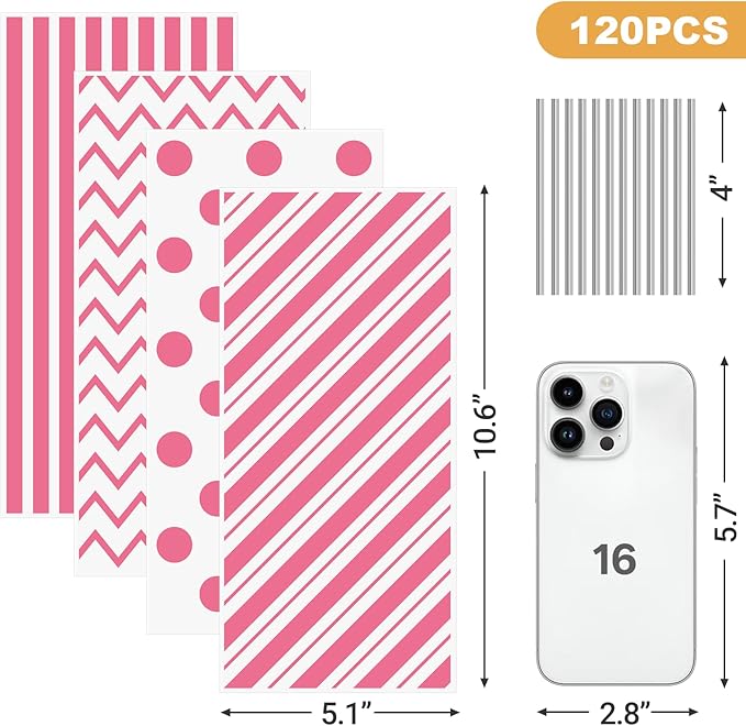 120 Pack 10.6x5.1 Inch Cellophane Treat Bags with Ties - Polka & Pink Stripes Candy Gift Baggies for Birthday, Wedding Party Favors, Snack Packing Supplies