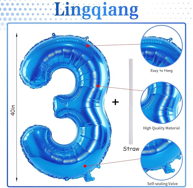 40 Inch Balloon Number 3 Blue, Large Foil Number Balloons Set 0-9, Digital 3 Helium Balloons for Boys Men 3rd 13th 30th Birthday Anniversary Graduation New Year's Eve Party Decoration Supplies