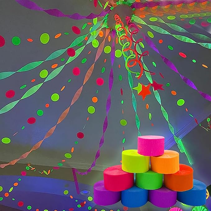 888 Feet Neon Glow Streamer Decorations - UV Reactive Fluorescent Neon Paper Streamers for Glow in The Dark Parties