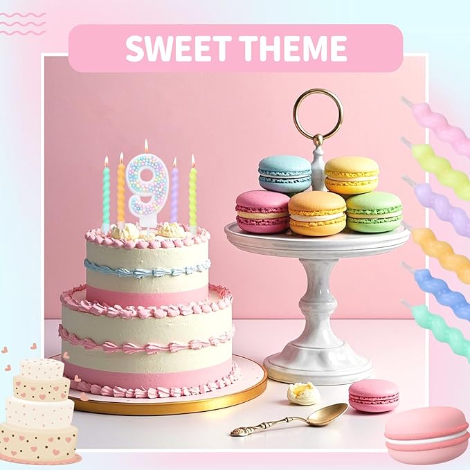 Number Birthday Candles for Cake with 12 Pieces Spiral Candles with Macaron Pastel Rainbow Pink Cake Toppers for Girls Happy Birthday Party Decorations (Number 3)