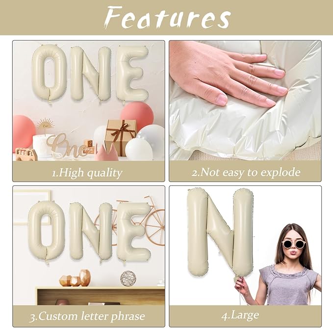 Biapian 40 Inch One Letter Balloons, Big Cream ONE Foil Balloons, 3 Pcs Giant Foil Large Aluminum Balloon Helium for Anniversary First One Year Old Girl and Boy 1st Birthday Party Decoration (Cream)