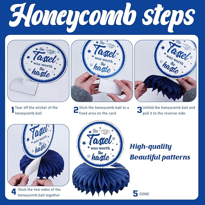 8 PCS Blue Silver Graduation Party Decorations Class of 2026 Blue Congrats Grad Honeycomb Centerpieces Congratulate Graduation Table Toppers for Graduation Party Supplies