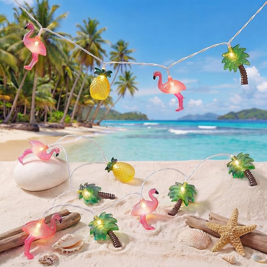12Ft Summer Beach String Lights with 20 LED Pineapple Flamingo Palm Tree Lights, Plug in Luau Pool Decor for Hawaii Theme Indoor Outdoor Tropical Party Decorations