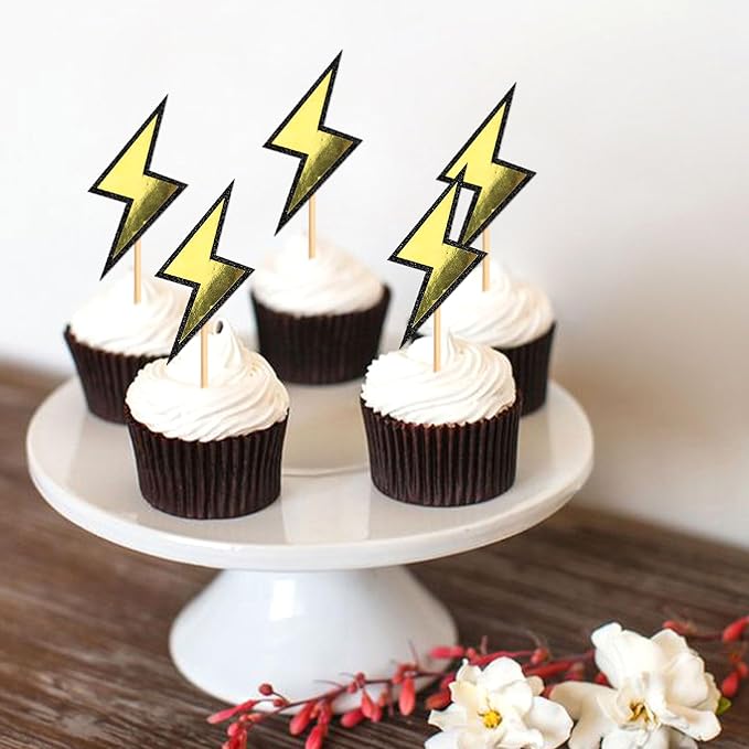 Ercadio 24 Pack Lightning Cupcake Toppers Glitter Black Yellow Cupcake Picks Smiley Assorted Cake Racing Car Theme Party For Girls Baby Shower Birthday Party Cake Decoration Supplies