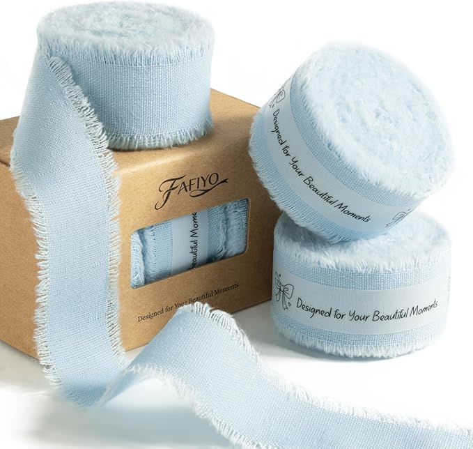 Baby Blue Cotton Ribbon 1 Inch Baby Blue 3 Rolls 21 Yards Frayed Edge Fabric Set for Baby Shower, Wedding Invitations, Nursery Decor, Christening & First Birthday Party