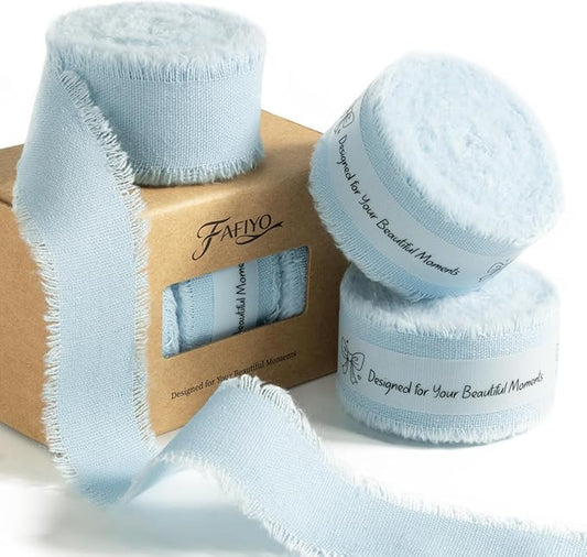 Baby Blue Cotton Ribbon 1 Inch Baby Blue 3 Rolls 21 Yards Frayed Edge Fabric Set for Baby Shower, Wedding Invitations, Nursery Decor, Christening & First Birthday Party