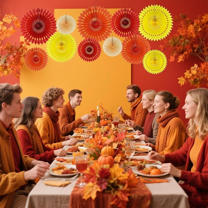 Fall Hanging Honeycomb Round Paper Fans Decoration Autumn Pumpkin Theme Tissue Paper Fan Garland for Shower Birthday Graduation Wedding Party Supplies 11 Count