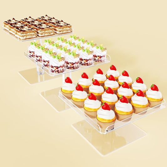 Bakzon 3 Piece Cupcake Stand, Acrylic Dessert Table Display Set, Clear Square Serving Trays for Birthday, Wedding, Baby Shower