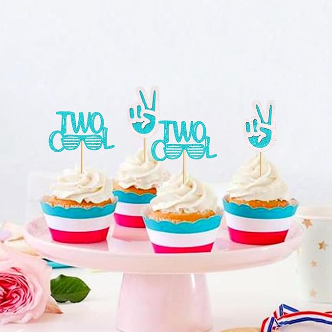 Ercadio 24 Pack Two Cool Cupcake Toppers Glitter Blue Two Cool Happy 2nd Birthday Cake Picks Baby Shower Kids Second Birthday Party Cake Decorations