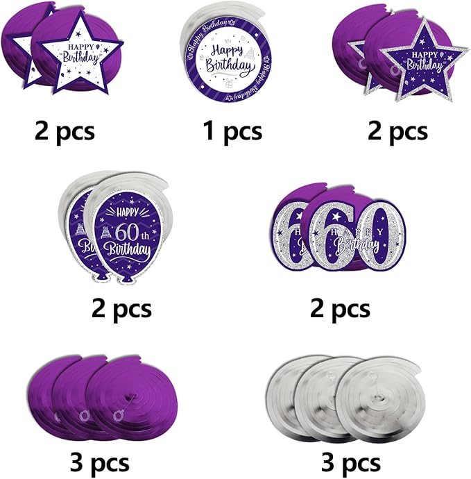 Happy 60th Birthday Purple & Silver Glitter Swirls Streamers Party Decorations - 15 Pcs 60th Birthday Hanging Swirls Streamers Kit,Cheers to Sixty Years Old Bday Party Sign.