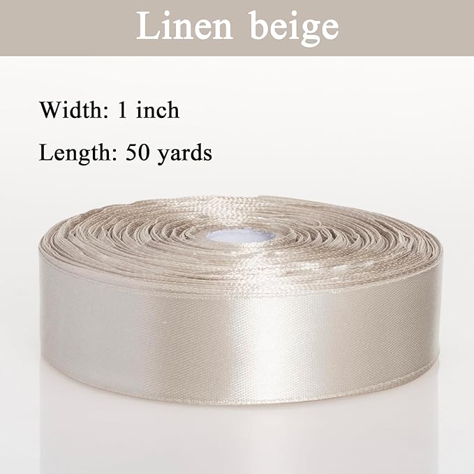 YASEO 1 Inch Linen Beige Solid Satin Ribbon, 50 Yards Craft Fabric Ribbon for Gift Wrapping Floral Bouquets Wedding Party Decoration