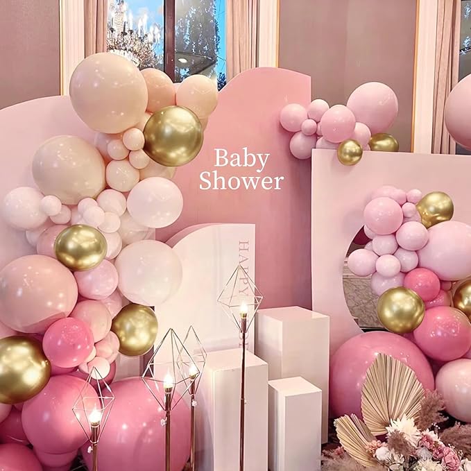 Mebay Dusty Blush Pink Nude Gold Balloon Arch Kit, 166Pcs Retro Pink Nude Metallic Gold and Macaron Light Pink Balloons for Bridal Baby Shower Girls Boho Birthday Wedding Decorations Supplies