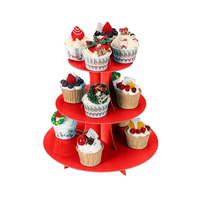YLDW Cupcake Stand 2Pcs, 3-Tier Cupcake Stand Display, Cardboard Cup Cake Tower Stand, Disposable Dessert Stand for Birthday Tea Party Baby Shower Treat Decorations, Red