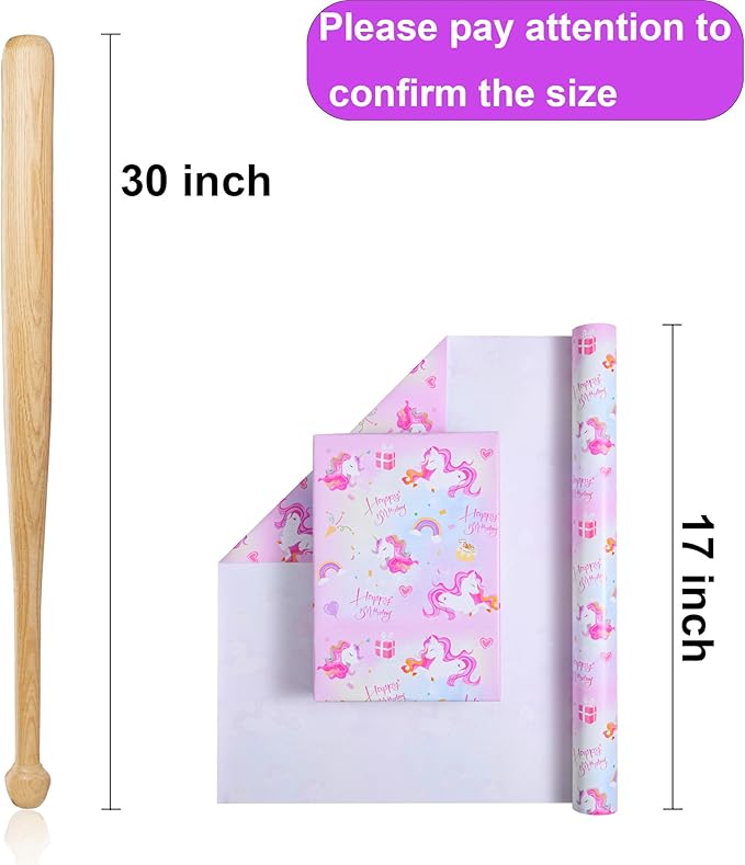 Titiweet Unicorn Wrapping Paper Roll - Mini Roll 17 Inches X 33 Feet - Birthday Wrapping Paper for Girls, Rainbow Wrapping Paper for Birthday Party(Unicorn)