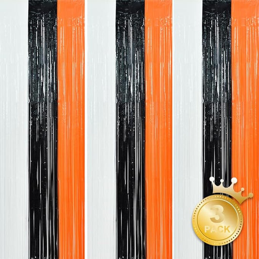 3 Pack Tinsel Curtain Party Streamers Backdrop Halloween, Door Streamers Fringe Foil Curtain Backdrop Curtain for Halloween Party Decoration, White Black Orange (3.28 ft x 6.56 ft)