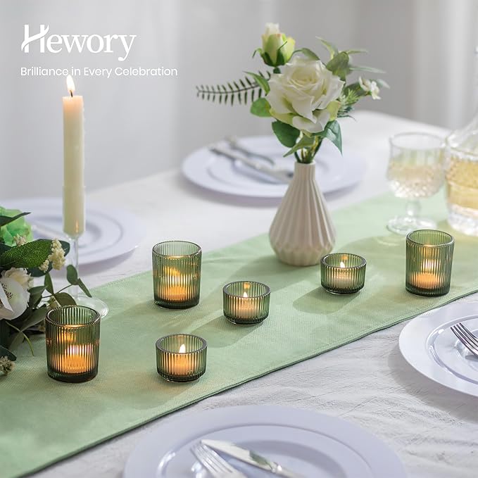 Hewory Glass Tealight Candle Holder: 8 Pcs Dark Green Votive Tea Lights Candle Holder, Ribbed Tea Light Holders Fall Decorations for Thanksgiving Table Centerpiece Wedding Party Home Decor