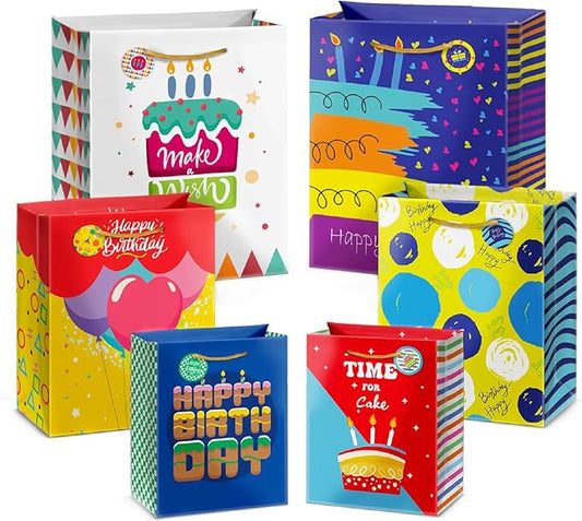 easykart labels 12 Birthday Gift Bags Assorted Sizes and Designs, XL 16", Large12 & Medium 9", Size Birthday Gift Bag for Boys, Girls