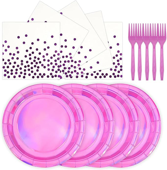 72Pcs Iridescent Pink Plates and Napkins Party Supplies, Hot Pink Holographic Disposable Paper Plates Napkins with Forks Tableware Set for Birthday Graduation Kpop Party Decorations