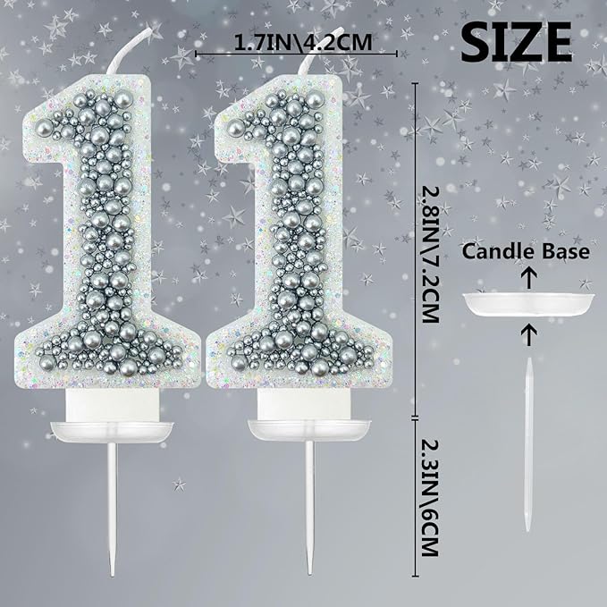 11 Birthday Number Candle for Cake, Glitter Number Candle with Silver Beads, Decorative Cake Topper for Milestone Celebrations