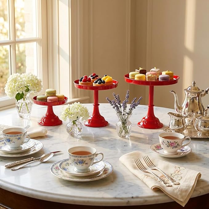 3 Pcs Metal Round Cake Stand Set 8“10”12" Cake Display Stand Dessert Cupcake Display Tray for Graduation,Wedding,Birthday,Party,Baby Shower,Anniversary,Ceremony,Christmas (Red)