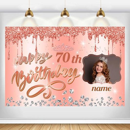 Dicodes Customizable Rose Gold Happy 70th Birthday Decoration Banner - Personalized with Name and Photo(70th)