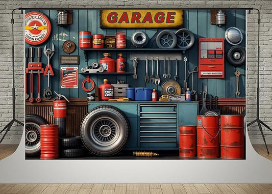 Kate 10x6.5ft Dad's Garage Decoration Photography Backdrops Vintage Automotive Parts Repair Shop Photo Background Children Baby Shower Backdrop