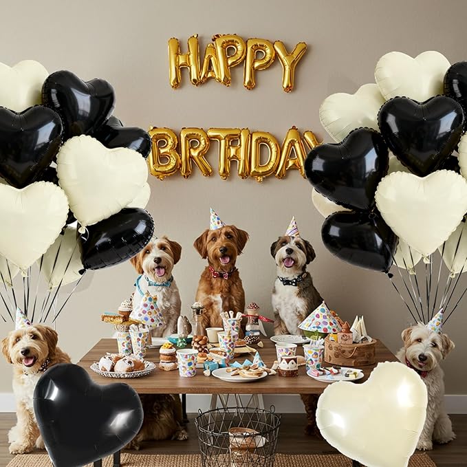 TONIFUL 30Pcs 18 Inch Black Cream White Balloons Black Cream White Heart Shape Foil Mylar Banners Decoration for Birthday Valentine's Day Wedding Bridal Shower Anniversary Engagement Party Supplies