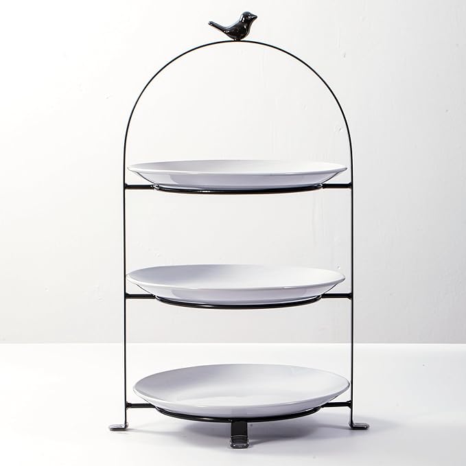 SparkWorks 3 Tiered Cake Stand, Tea Party Serving Platter, Dessert and Cupcake Stand, Metal Tiered Serving Stand Includes Three Premium White Stoneware Plates (10.5 inch)