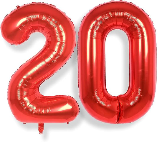 AULE 40 Inch Big Red Foil 20 Number Balloons for Women Large 20th Happy Birthday Decorations Giant Huge Helium Mylar Anniversary Party Décor