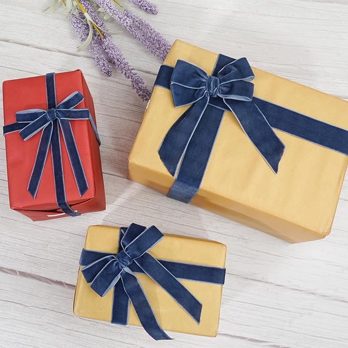 Navy Blue Velvet Ribbon for Gift Wrapping, 3 Rolls Vintage Thin Velvet Ribbon Set for Christmas Tree Decoration, 3/8, 5/8, 1 inch Wide, 30 Yards Totally, Thick Christmas Ribbons for Bow Ornaments