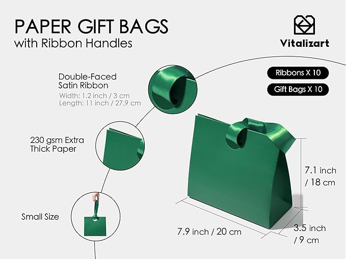 Vitalizart Paper Gift Bags With Ribbon Handles Set of 10 Green Bulk Reusable For Gift Wrap Girls Kids Birthday Bridal Shower Party Favors Goodie Bags Candy Toys Christmas 7.87"x3.54"x7.09" Small Size