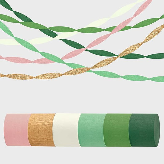 Streamers Party Decorations, 6 Rolls Sage Green Gold Pink Crepe Paper Streamers for Birthday Bachelorette Engagement Baby Shower Wedding Bridal Shower Woodland Jungle Shrek Safari Party Supplies