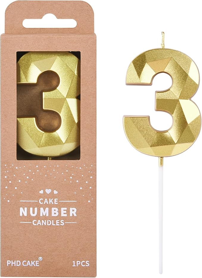 PHD CAKE 2.76 Inch Crystal Gold 3 Number Birthday Candles, Gold Number Candles, Cake Number Candles, Party Celebration