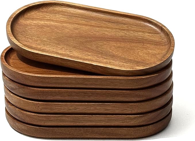 Small Wooden Tray (7.5 x 4.1 inch) 6 Pack, Oval Mini Serving Tray for Coffee Tables, Dessert, Snack, Fruit, Acacia Wood Platter for Vegetable, Decor Restaurant