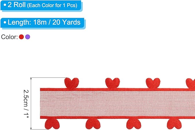 PATIKIL 1 Inch x 20 Yard Organza Chiffon Ribbon Set, Sheer Heart Decorative Ribbon for Valentine's Day Gift Wrapping Wreath Bow Craft DIY Decoration, Red,Purple