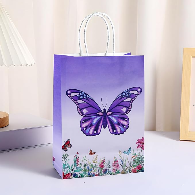 JALEBRO 24PCS BUTTERFLY Party Favors Gift Bags Bulk with Handle, Paper Snack Treat Goodie Bag for BUTTERFLY Theme Goody Bags Birthday Party Decorations Supplies 8"x5.9"x3.1"