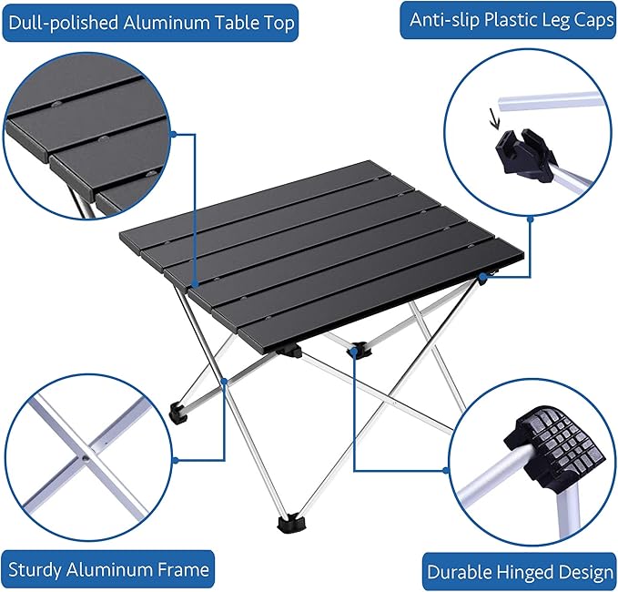 Grope Portable Camping Table with Aluminum Table Top, Folding Beach Table Easy to Carry, Prefect for Outdoor, Picnic, BBQ, Cooking, Festival, Beach, Home (Black-L)