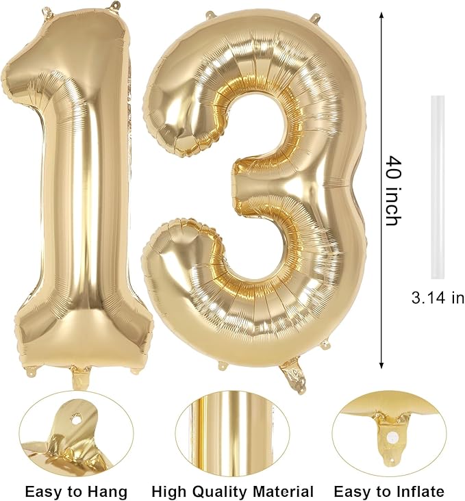 Champagne Large Number 13 Balloon, 40 Inch Light Gold Foil Helium Number Balloons, Giant Mylar Number 13 Balloons for 13 Years Old Birthday Party Anniversary Decorations (Champagne Gold 13)