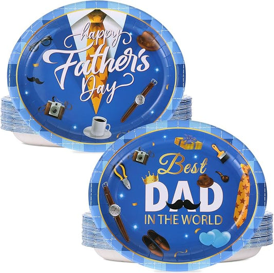 CIEOVO 50 PCS Father's Day Oval Paper Plates Disposable Happy Father's Day Party Plates Dessert Cake Dinner Plates for Fathers Day Papa Daddy's Birthday Party Tableware Set
