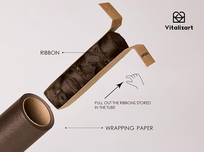 Vitalizart Brown Wrapping Paper Set 17" Pearly-Lustre With Silk Like Satin Ribbon & Gift Tags Recyclable Christmas Gift Wrapping Birthday Baby Shower Wedding Handmade Crafts 197"(16.4 Ft)