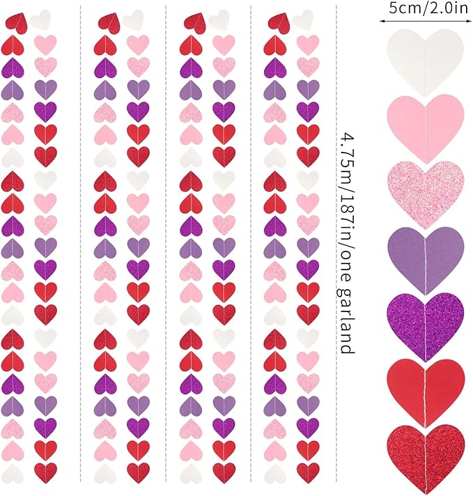 Hot-Pink Purple-Red Valentines Party-Decorations Heart-Garland - 62ft Women Girl Streamers Banner,Mothers Day Birthday Bachelorette Engagement Bridal Baby Shower Backdrop Decor Supplies Burgleda