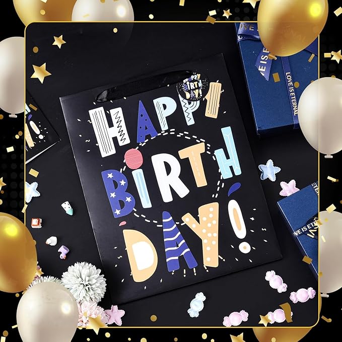 13" Black Happy Birthday Bag with Tissue Paper and Greeting Card for Party,Happy Birthday Gift Bag for Boys, Kids, Men,Gift Bags Medium size (1 PCS Black, Gift Bag)