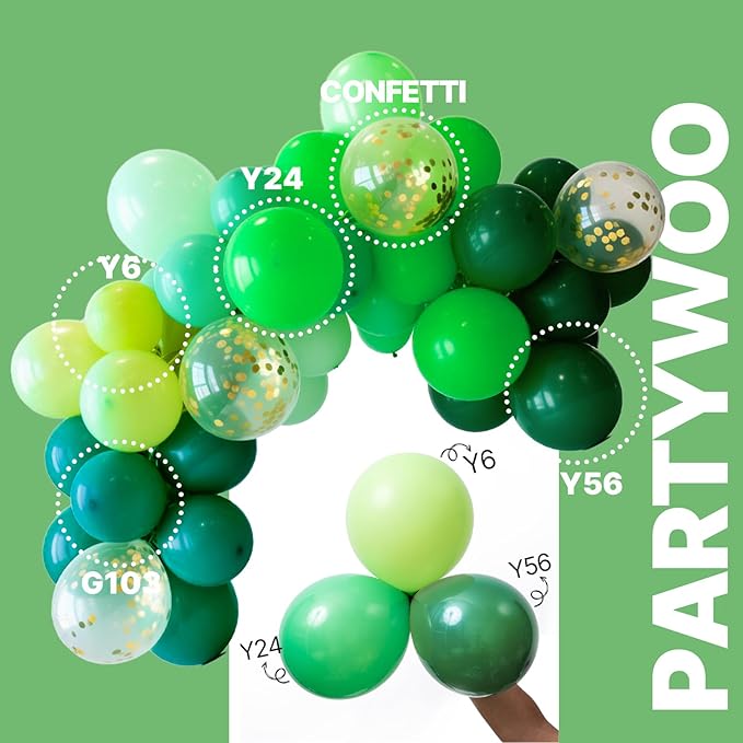 PartyWoo Green Balloons 66pcs 12 Inch Light Lime Dark Emerald Hunter Forest Metallic Green Gold Confetti Balloons for Baby Shower Wedding Engagement Jungle Woodland Birthday Party Decorations