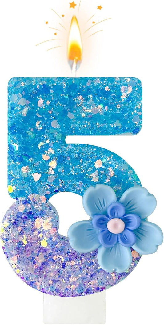 Blue Purple Flower Birthday Number Candles, Flower Theme Party Decorations, Cupcake Decorations, Suitable for Party Celebrations, Boys and Girls Birthday Decorations（5）