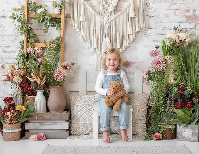 Kate 7x5ft Boho Chic Backdrops for Photography Rustic Macrame Floral Wall Hanging Photo Background for Bridal Shower Maternity Newborn Portrait Photoshoot